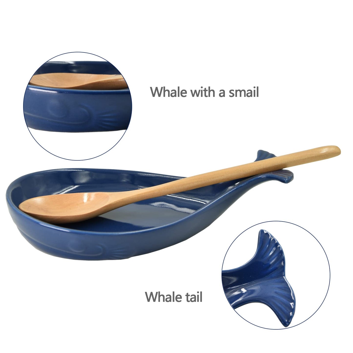 Ceramic Spoon Rest for Kitchen with Wooden Spoon, Whale Shape, Navy, 4.8W X 7.8L