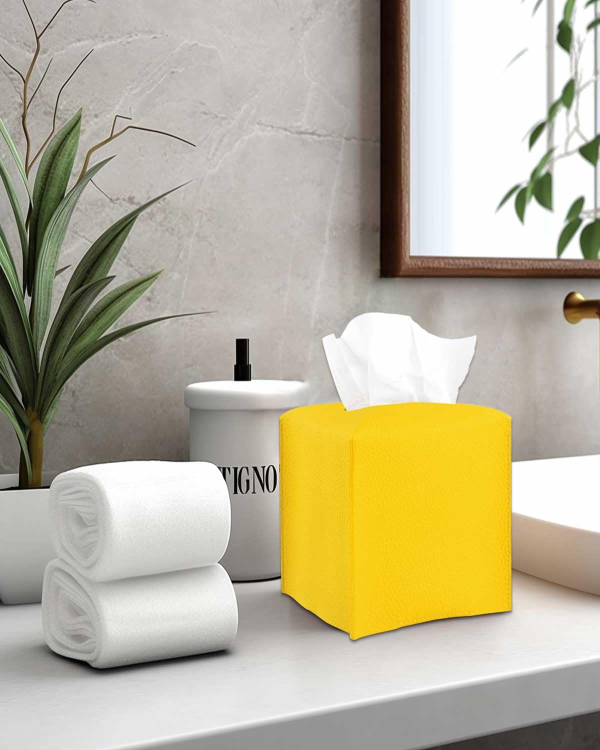 Yellow Tissue Box Cover Holder – with Bottom Belt [JESMINI, Lemon Yellow] Modern PU Leather Tissues Cube Box Cover Decorative for Bathroom Vanity Countertop/Night Stands/Office Desk, 5x5x5