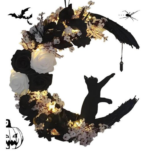 Black White Halloween Wreath with Lights, Crescent Moon Cat Gothic Wreath with Black Rose, Witchy Dark Spooky Front Door Decor for Indoor Wall Home (Black, with Lights)
