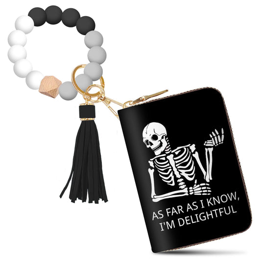Yonlevres Skeleton Credit Card Holder Keychain Wristlet Bracelet Wallet Women, Gothic Skull Small Wallet Silicone Beaded, Funny Halloween Leather RFID Blocking Wallets Mini Card Case Accordion Gift