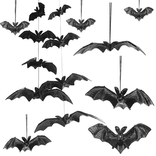 Saktopdeco 50 PCS Black Hanging Bats Plastic 3D Halloween Bat Party Ornament for April Fool's Haunted House Decorations