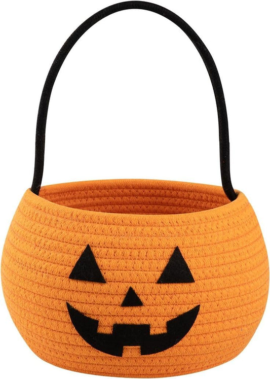 Pumpkin Storage Basket | Woven Cotton Rope Bin | Cute Halloween Candy Bowl, Trick or Treat Bag, Boo Gift, Stuffer Filler | Multipurpose Home Organizer & Gift Basket with Handles | Decorative Container