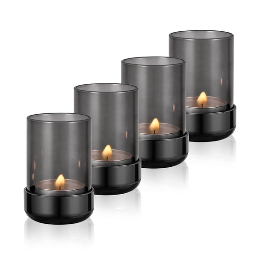 Faveaux Tealight Candle Holder Black Tea Candle Holder Cylinder Glass for Standard Tea Light Birthday Party Table DIY Decor Pack of 4, Black Nickel Base+Black Glass