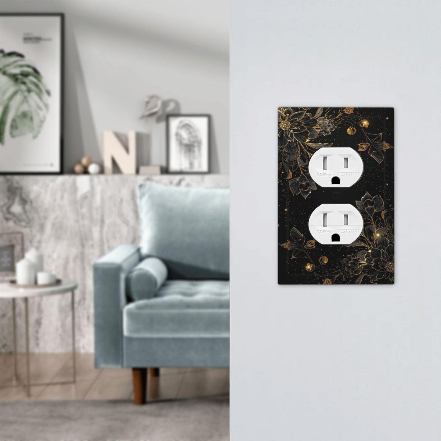 Oudediam Outlet Covers Gold Black Floral With Glittering Starry 1 Gang Duplex Decorative Switch Plate Covers Light Switch Cover Plate Electrical Socket Cover For Bedroom Home Decor