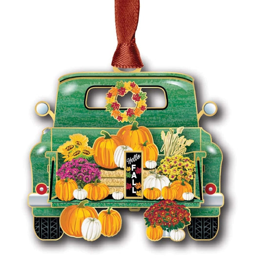 Beacon Design Truck with Pumpkins Hanging Ornaments - Autumn Tree Ornament, 100% Brass Pumpkin Keepsake Gift, Green and Orange Fall Decor, Shatterproof Christmas or Home Decorations, Made in USA