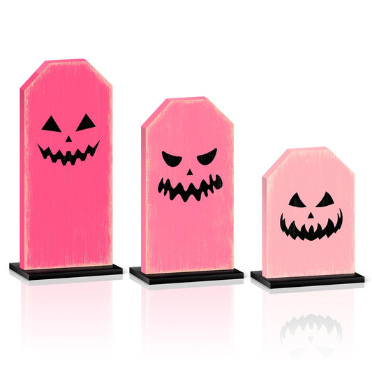 3 Pcs Pink Halloween Decor Wooden Tiered Tray Decor, Pink Ghost Table Signs Vintage Rustic Spooky Boo Halloween Decorations Party Tabletop Centerpieces for Home Kitchen Indoor Mantel
