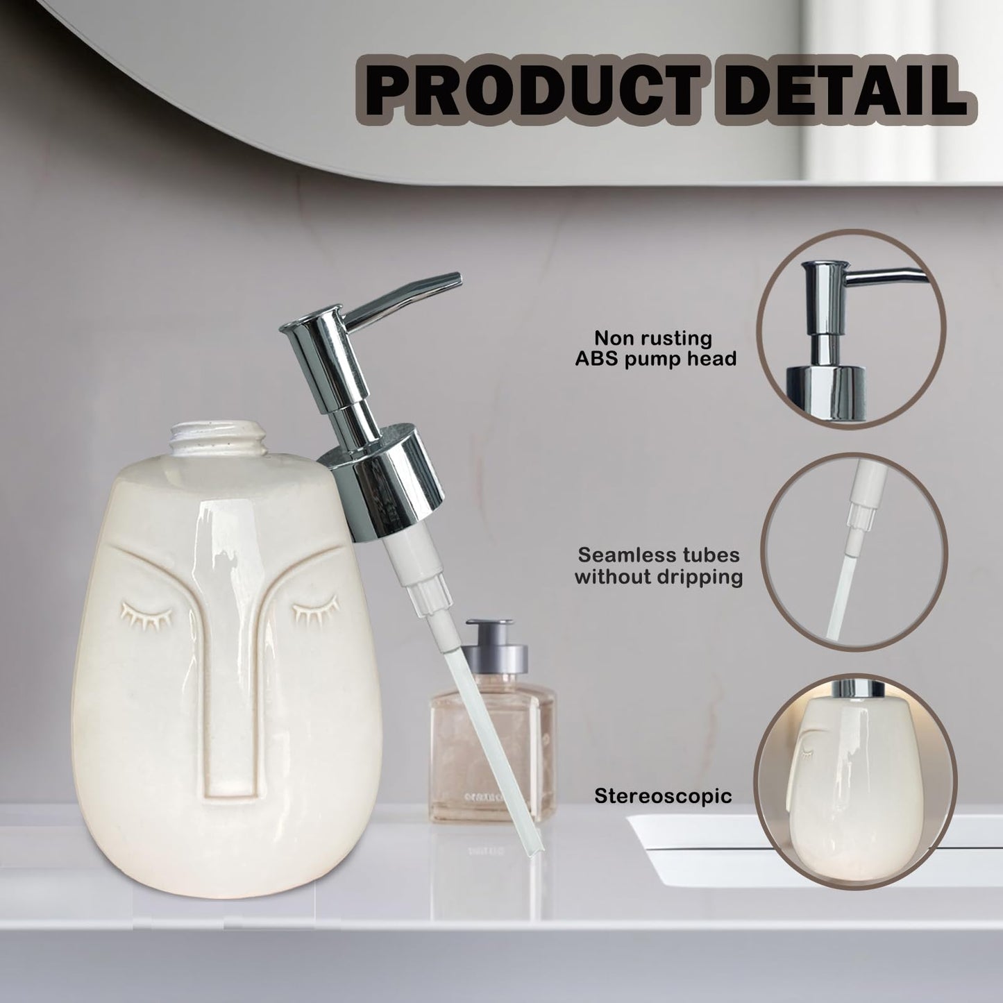 CAAS White Soap Dispenser, with Face Design, Ceramic Funny Liquid Dispenser, Refillable Lotion, Soap, Shampoo, Bathroom and Kitchen (White02)