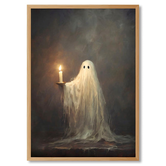 LEKDRA Vintage Halloween Ghost Wall Art with Candle Spooky Gothic Ghost Poster Cute Haunted Aesthetic Canvas Print Dark Academia Decor Scary Painting for Living Room Bedroom Decor 12x16inch Wood Frame
