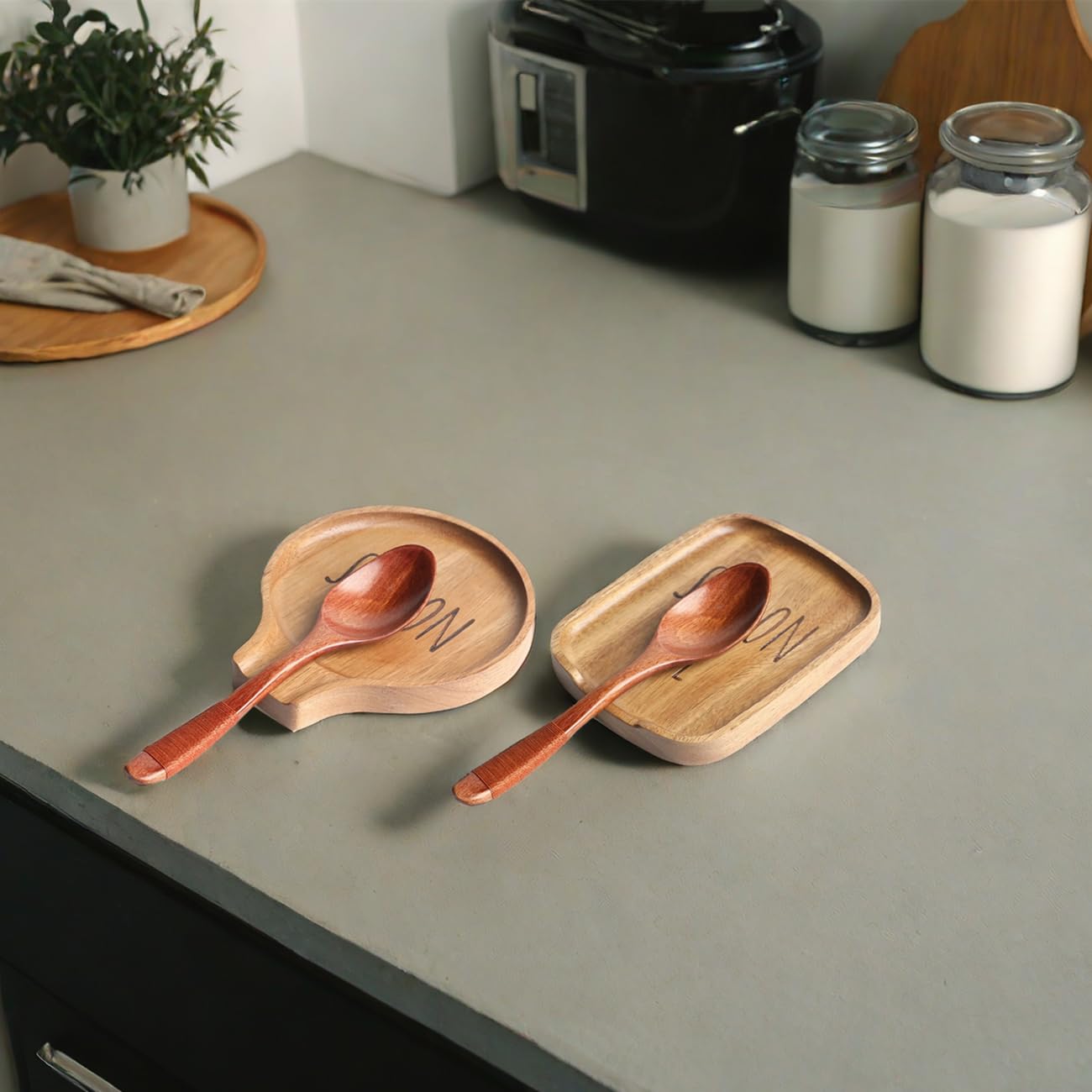 Set of 2 Wood Spoon Rest for Stove Top- Smooth Acacia Wood Spoon Holder for Kitchen Counter with Non Slip Silicone Feet,Perfect Holder for,Spatulas Tongs and Spoons (Brown-(Labeled "SPOON"))