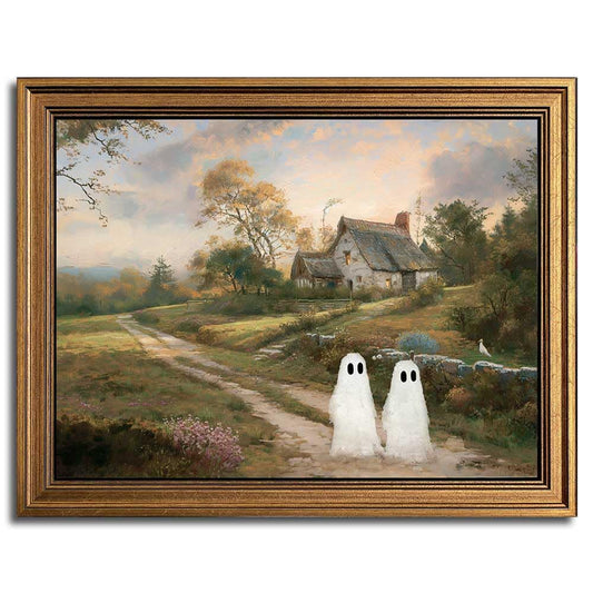 Wemandh Gold Framed Vintage Halloween Wall Art, Rustic Landscape Wall Decor, Cute Ghost Decor Wall Art, Aesthetic Halloween Wall Decor (9.5''x12'')