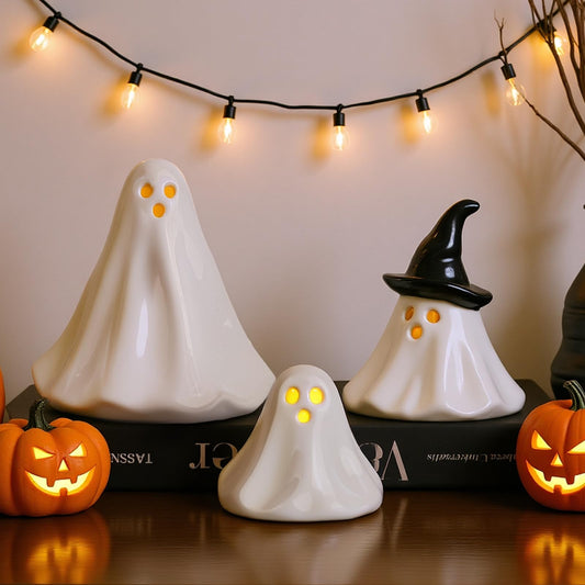 Halloween Ghost Decorations Indoor: 3ct Light Up Ceramic Ghost Decor, Cute Halloween Decor Figurines with LED Tea Lights for Table Desk Tiered Tray Mantel Home Office Home Farmhouse Girls Kids Party