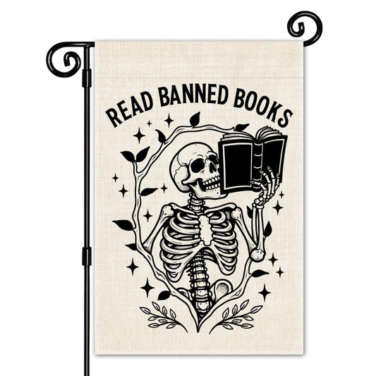 JMYROG Read Books Garden Flag, Reading Double Sided Yard Outdoor Farmhouse Lawn Porch Decor Flag, Funny Skeleton Reading Banner, Book Club Gifts for Reading Lovers, Bookish Garden Decor For Bookworms