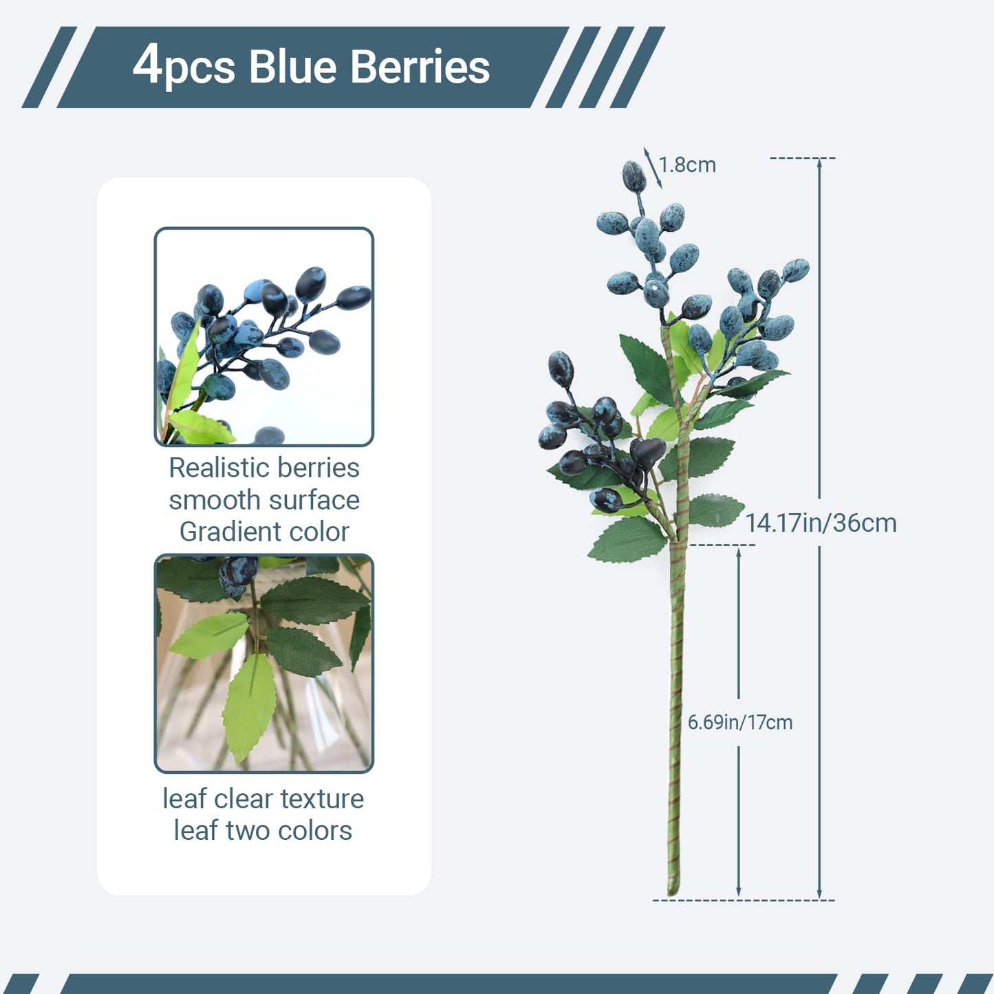 Tyoxlo 4Pcs Blue Berries Artificial Berry Stems Fake Berries Artificial Blueberries Fake Frui tberry Garland Berry Decorations for Home Halloween Decor Thanksgiving Christmas Decorations (Blue)
