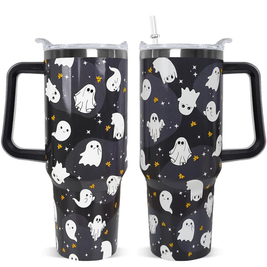 Rcvlauf Halloween Tumbler 40oz Ghost Tumbler Spooky Leak Proof Cups with Handle and Straw Insulated Water Bottle Coffee Travel Mugs for Halloween Decor Gifts for Women Men (1PCS)