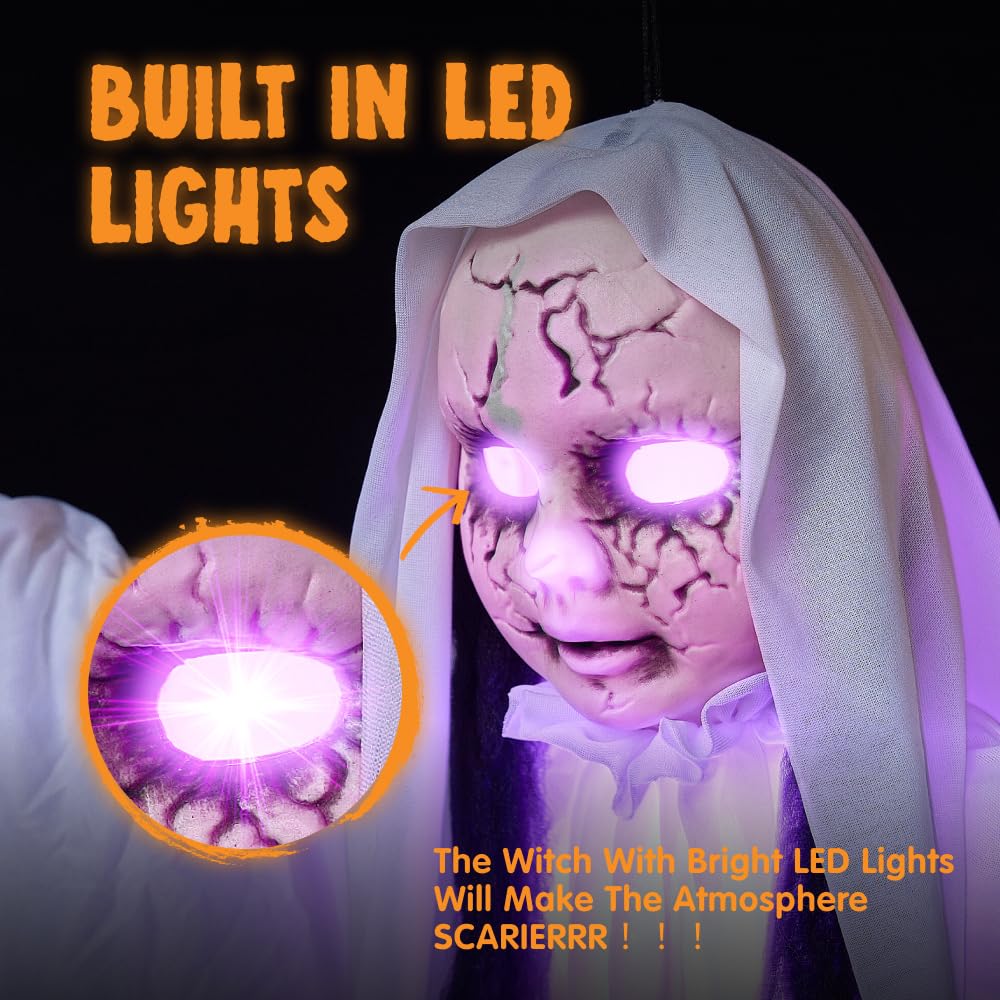 JOYIN 43" Outdoor Halloween Decoration, Scary Girl Hanging Ghost Decor with Light-up Head for Yard, Patio, Haunted House Lawn Garden