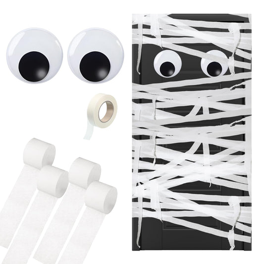 WinnerWhy Halloween Mummy Decorating Kit with Large Googly Eyes Crepe Paper Streamers and Masking Tape for Halloween Party Door DIY Decor(White,Non-luminous)