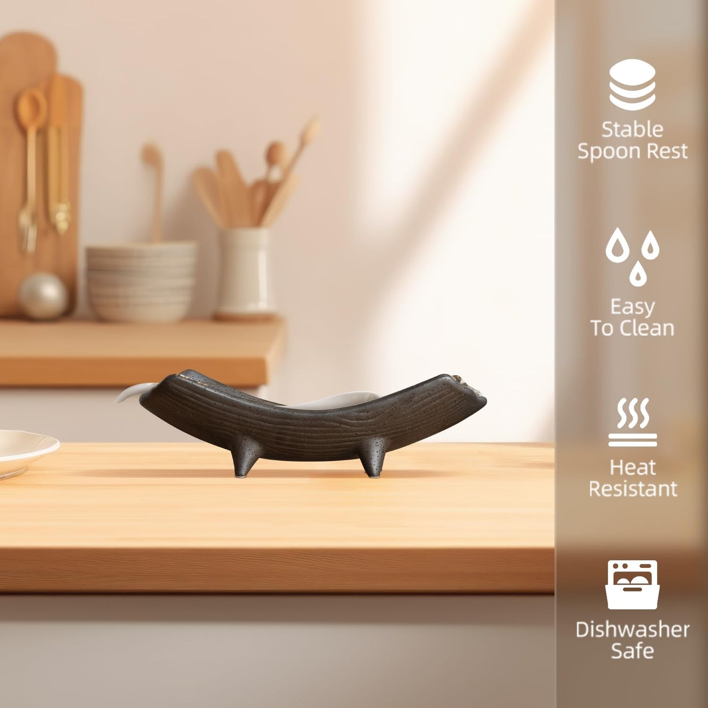 Aijohnny Large Ceramic Spoon Rest for Stove Top, Stable Porcelain Utensil Spoon Holder for Kitchen Counter Bridge Dish Glaze Sauce Tray Fruits Dish Dining Table Decor Easy Clean (Black)