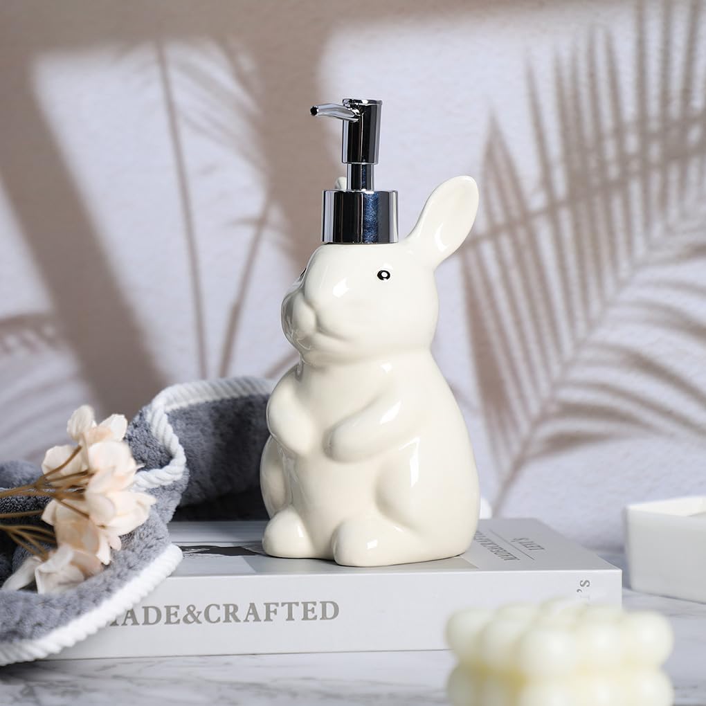 WAIT FLY Rabbit Ceramic Soap Dispenser with Plastic Pump, Refillable Lotion Bottle