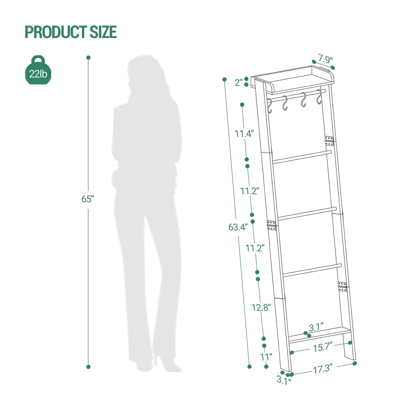 Hzuaneri Blanket Ladder Shelf, Decorative Quilt Rack, 6-Tier Farmhouse Ladder Holder Organizer with 4 Removable Hooks 7.9" D x 17.3" W x 63.4" H, Rustic Brown BR35801B