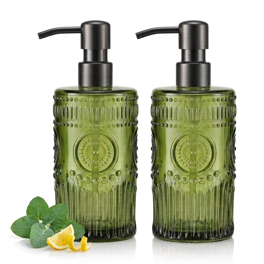 17 OZ Sunflower Embossed Glass Soap Dispenser - 2 Pack, with 304 Rust Proof Stainless Steel Pump, Glass Soap and Lotion Dispenser Set, Liquid Hand Soap Dispenser for Home, Kitchen & Bathroom (Green)