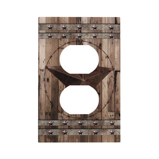Vintage Cabin Retro Rustic Brown Wood Texas Star 1 Gang Duplex Receptacle Wall Plate Farmhouse Western Kitchen Country Decorative Decorator Light Switch Plug Socket Face Plate Electrical Outlet Cover
