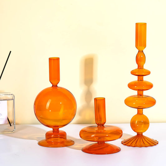 Rtteri 3 Pcs Glass Candlestick Holders Glass Candle Holders Groovy Wavy Elegant Taper Candle Stick for Wedding Home Birthday Party Easter St Patricks Day Decoration Windowsill Decor(Brown)