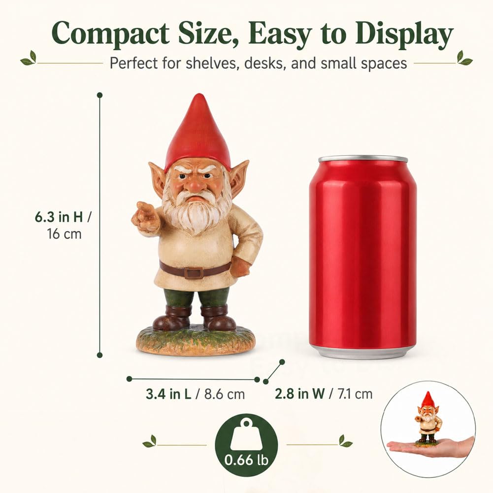 QIANLING 6.3" Garden Gnomes Outdoor, Angry Garden Gnome Statue, Funny Resin Gnome Garden Decor, Garden Gnomes for Yard Lawn Patio Porch Flower Bed Decor, Red Hat Gnome Gift for Garden Lovers