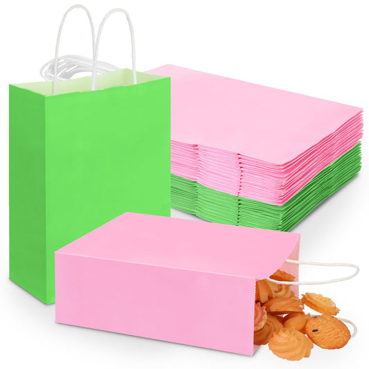 Kolldenn 48 Pcs Small Pink and Green Gift Bag 6.3 x 3.15 x 8.7 '' Paper Favor Treat Goodie Bag Bulk with Handle for Witch and Princess Theme Party Sisterhood Birthday Party Supplies