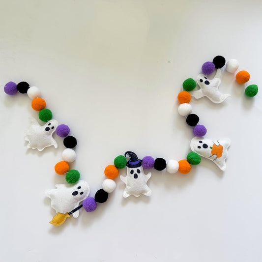 Doumeny 3D Halloween Felt Garland Banner Ghost Theme Bunting Banner Halloween Colorful Pompom Ball Hanging Garland Cute Ghosts Felt Party Bunting for Fireplace Mantle Home Haunted Houses Decor