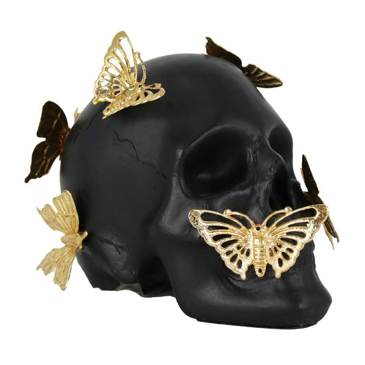 JOOMBE Black Skull Statue with Glod Butterfly,Halloween Decoration Home Decor Collectible Figurines (Small)