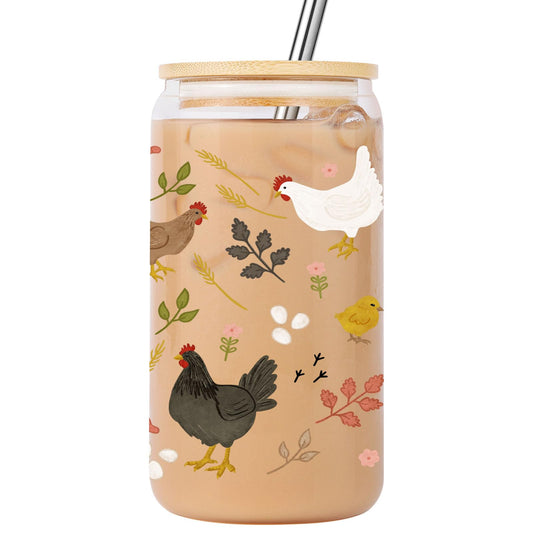Lovearth 16 oz Cottagecore Glass Cup w/Lid & Straw, Funny Chicken Gifts for Chicken Lovers, Women, Men, Owners, Mom, Her, Farmer, Crazy Chicken Lady Gifts, Cute Mothers Day, Farmhouse, Rooster Decor