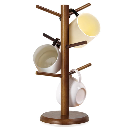 WERJOURU Mug Holder Tree,Coffee Cup Tree for Counter with 6 Hooks, Mug Holder for Counter Top，Coffee Bar Accessories and Decor，Jewelry Pendant(Brown)