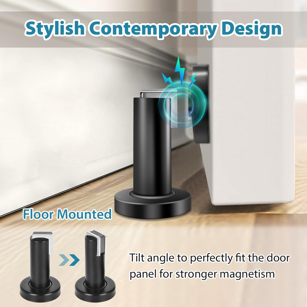 Door Stoppers, Magnetic Door Stop, Heavy Duty Stainless Steel Door Catch Magnetic Door Holder, Modern Door Stops for Wall Floor Mount, Black, 2 Pack