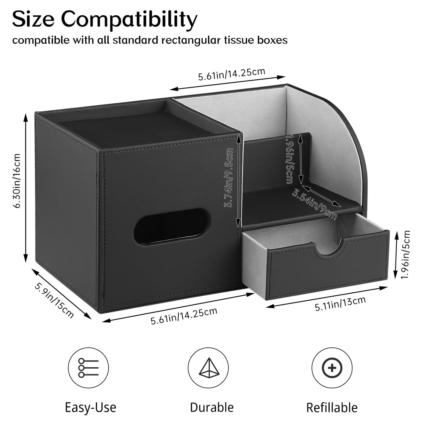 Leather Nightstand Organizer with Tissue Holder,Square Tissue Box Cover with Organizer, Decorative Modern Facial Paper Storage Box for Bathroom Living Room Vanity Table Countertop Office Black