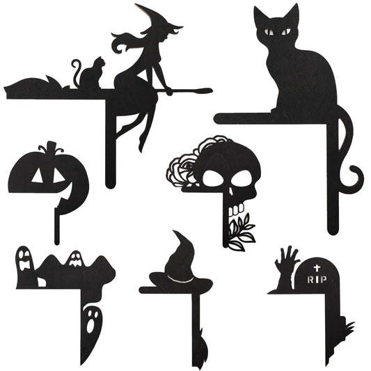 7 Pieces Halloween Door Corner Sign Decoration, Black Wooden Door Frame Decoration Halloween Theme Witch Skull Head Ghost Pumpkin Cat Hat Horror Pattern Suitable For Door Corner Window Corner