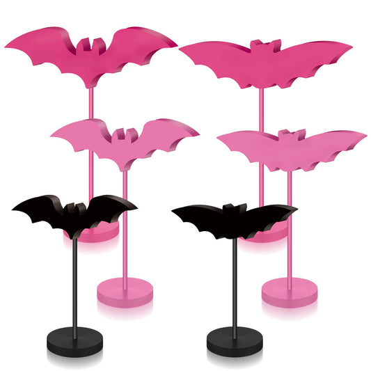 Geetery 6 Pieces Halloween Table Decorations Tall Standing Bat Decor Wood Sign Block Wooden Bats Centerpieces Rustic Tabletop Home Table Topper Sign for Halloween Party Favor Home Room Decor (Pink)