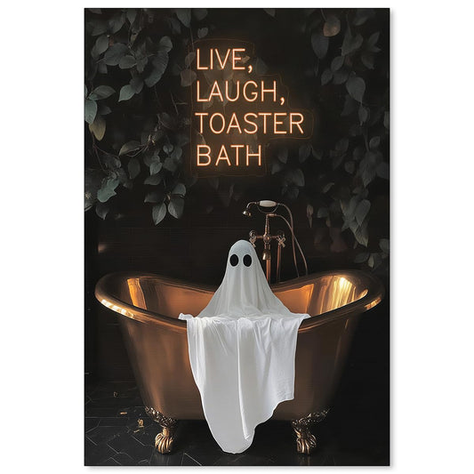 MWZUPQ Halloween Gothic Bath Ghost Poster Dark Horror Fun Bathtub Wall Art Live Laugh Toaster Ghost Canvas Prints for Bathroom Restroom Wall Decor 16X24 inch Unframed