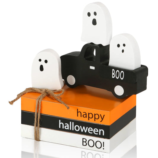 Halloween Decorations 7PCS Table Centerpieces, Cute Tabletop Halloween Decor for Tiered Tray Shelf Mantel Fire Place Office Desk Rustic Farmhouse Wood Faux Book Stack and Spooky Ghosts Sign
