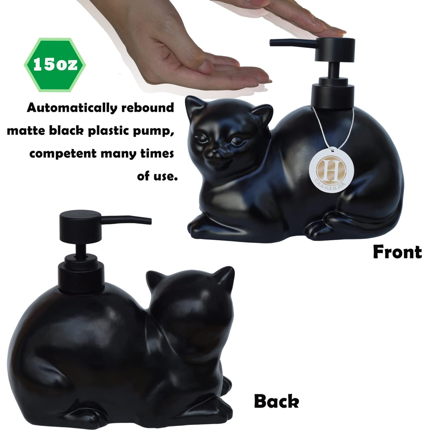 Caahanjia Black Liquid Soap Dispenser, Ceramic Cat, Refillable Wash Liquid Soap Hand Soap for Bathroom Kitchen