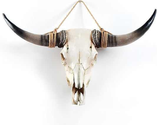 XOUXYJUN 31 Inch Cow Skull Wall Decor, Long Horn Wall Hanging, Faux Longhorn Skull Faux Taxidermy Animal Head, Handmade Resin Home Sculpture Faux Bull Horns for Wall (Brown)