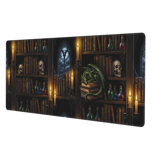 Wizard Library Large Gaming Mouse Pad 31.5 x 11.8 in Gothic Dragon & Magic Potions Desk Mat - Extended Non-Slip Rubber Base with Stitched Edges for Office & Home
