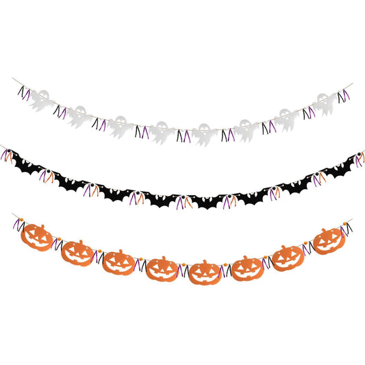 FuSenYuan Halloween Felt Garland Set of 3 (Pre-Strung) Ghost Bat Pumpkin Garland with Wooden Beads and Ribbons Felt Halloween Hanging Garland Banner for Party Mantle Home Wall Decor