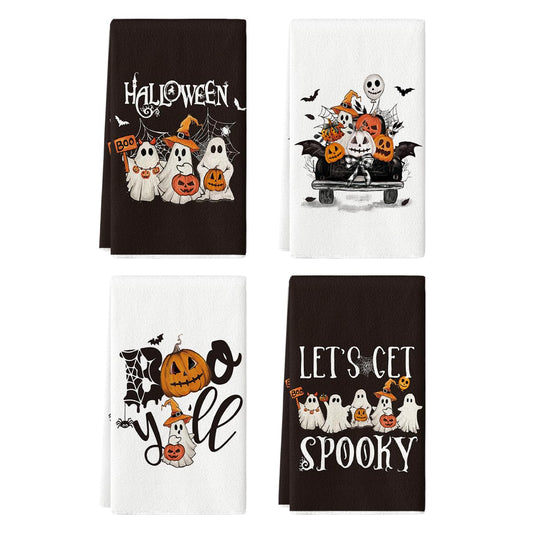Artoid Mode Ghost Pumpkins Bats Boo Truck Spooky Halloween Kitchen Towels Dish Towels, 18x26 Inch Jack-O'-Lantern Decoration Hand Towels Set of 4