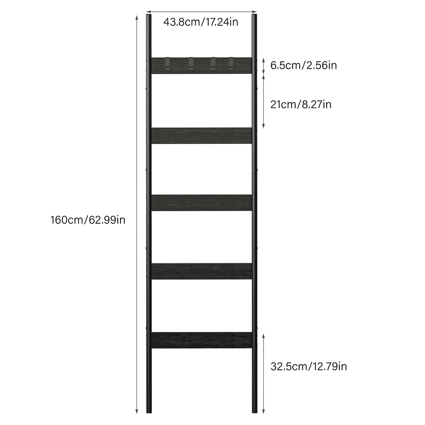 Blanket Ladder, 5-Tier Towel Holder with 4 Removable Hooks, Farmhouse Wall Leaning Decorative Rack Shelf, Wooden Towel Display Rack, Quilt Ladder for Living Room, Bedroom, Black