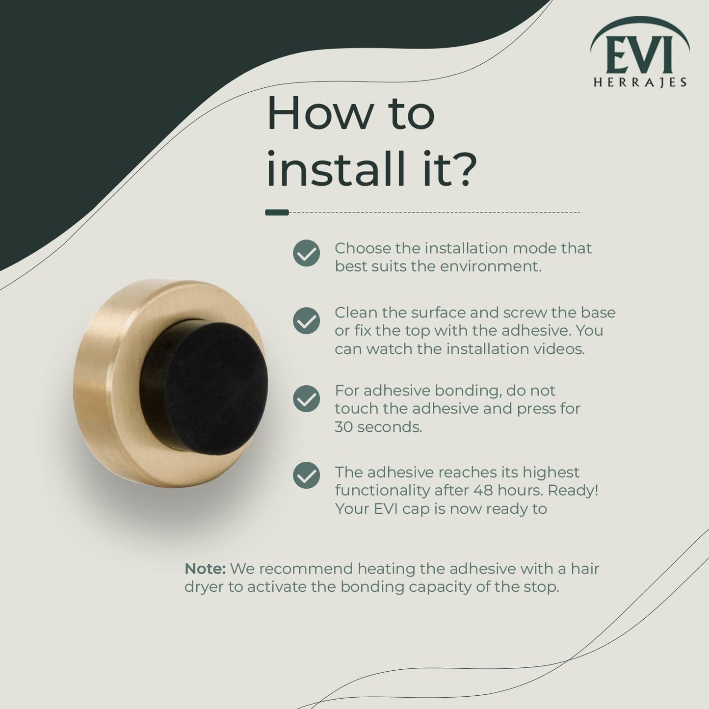 EVI Herrajes | Wall Door Stop | 1,37x0,7" | Satin Matte Brass | Adhesive + Screw-in | Anti Shock Door Handles | Design and Functionality | I-254/35-LMT