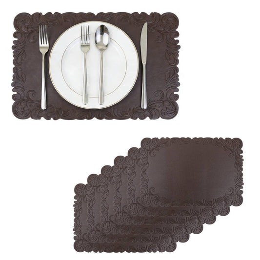 Royannie Placemats Indoor Set of 6,Brown Faux Leather Embossing