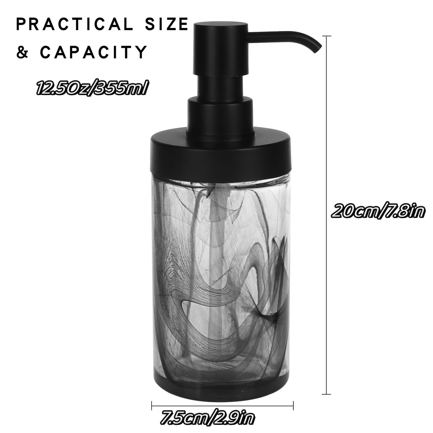 Suanti Soap Dispenser,12.5 Oz Black Moire Wide Open Glass Hand Soap Dispenser, Hand Soap Dispenser for Bathroom & Kitchen, Refillable Black Soap Dispenser with Waterproof Labels