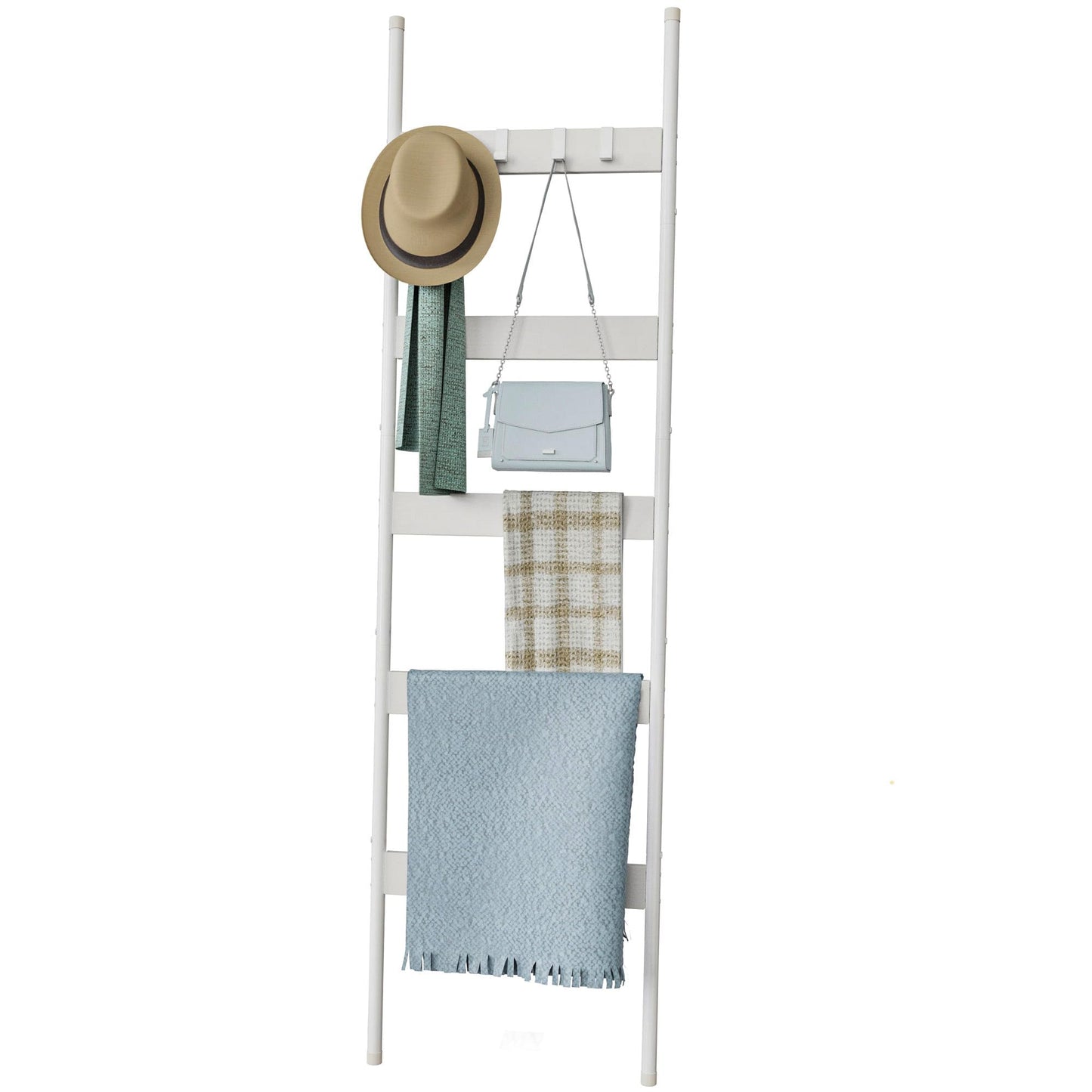 Blanket Ladder, 5-Tier Towel Holder with 4 Removable Hooks, Farmhouse Wall Leaning Decorative Rack Shelf, Wooden Towel Display Rack, Quilt Ladder for Living Room, Bedroom, White