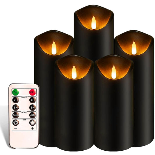 Black Pillar Flameless Candles 3D Wick with Controller,led Slim Candles Flicering Flame,Battery Operated Fake Plastic Candles for Halloween Christmas,Party Décor.(5Pack H 5" 5" 6" 6" 7" x D 2.2")