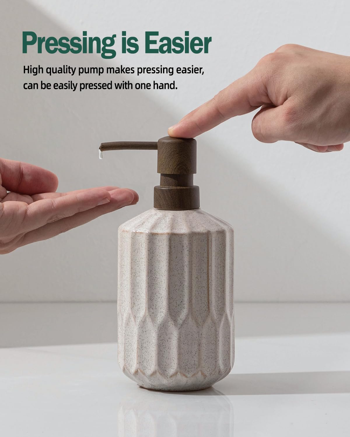 Bathroom Soap Dispenser, 16 Oz Luxurious Hand soap Dispenser for Bathroom, Ceramic Liquid Soap Dispenser for Bathroom Countertop with Plastic Pump, Silicone Funnel (Wooden Color Pump)